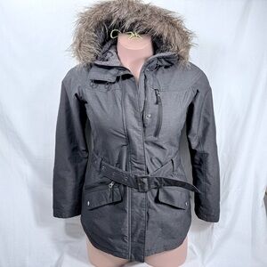 Columbia Jacket Sz S Gray Belted Hooded Removable Faux Fur Trim Omni Heat‎ Parka